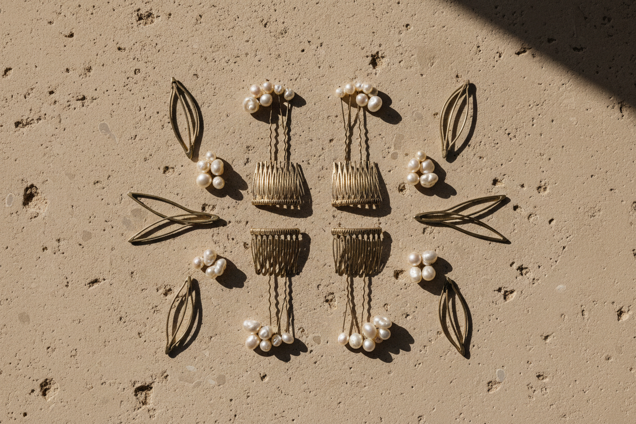 Flat lay of hair adornments on limestone