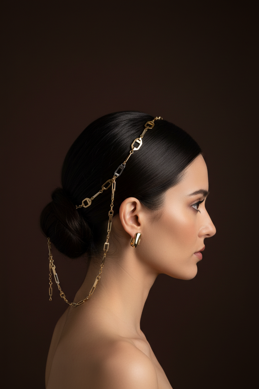 Sleek hair with delicate hair chain draping