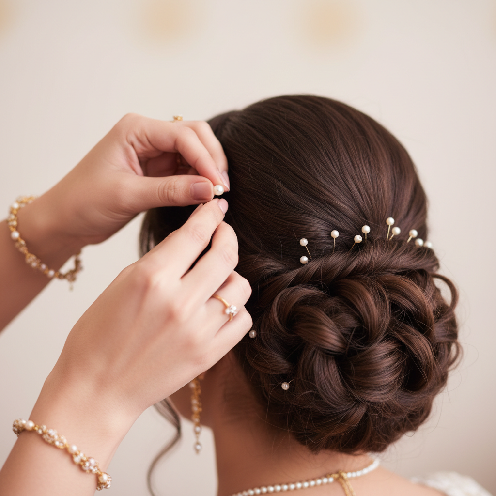 Hands placing pearl pins - intentional hair design